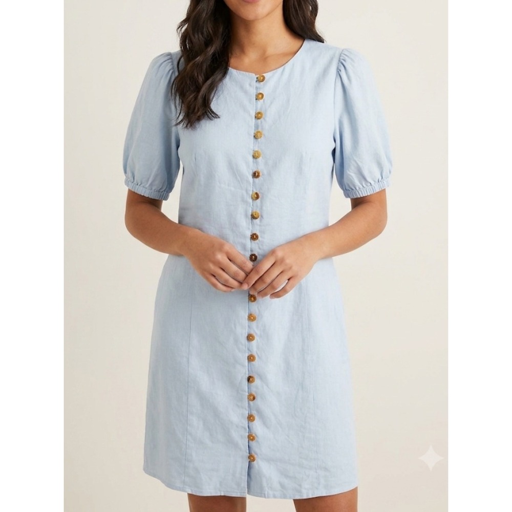 J. Crew Size 12 Powder Blue Puff‎ Sleeve Linen Blend Button Front Sheath Dress